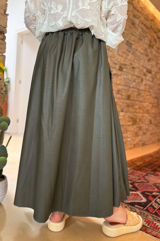 Made in Italy Runa Leather Look Skirt Khaki